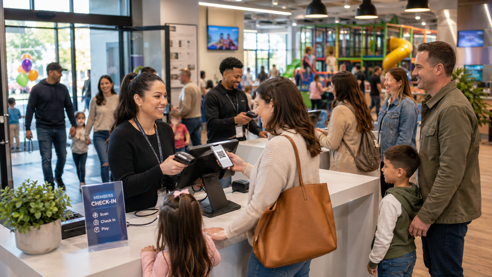 Wigglo point-of-sale ordering center running at an indoor playground front desk